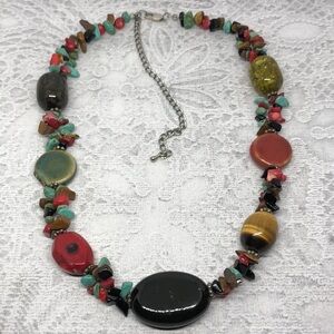 Vintage  colorful ceramic, gemstone and glass statement necklace